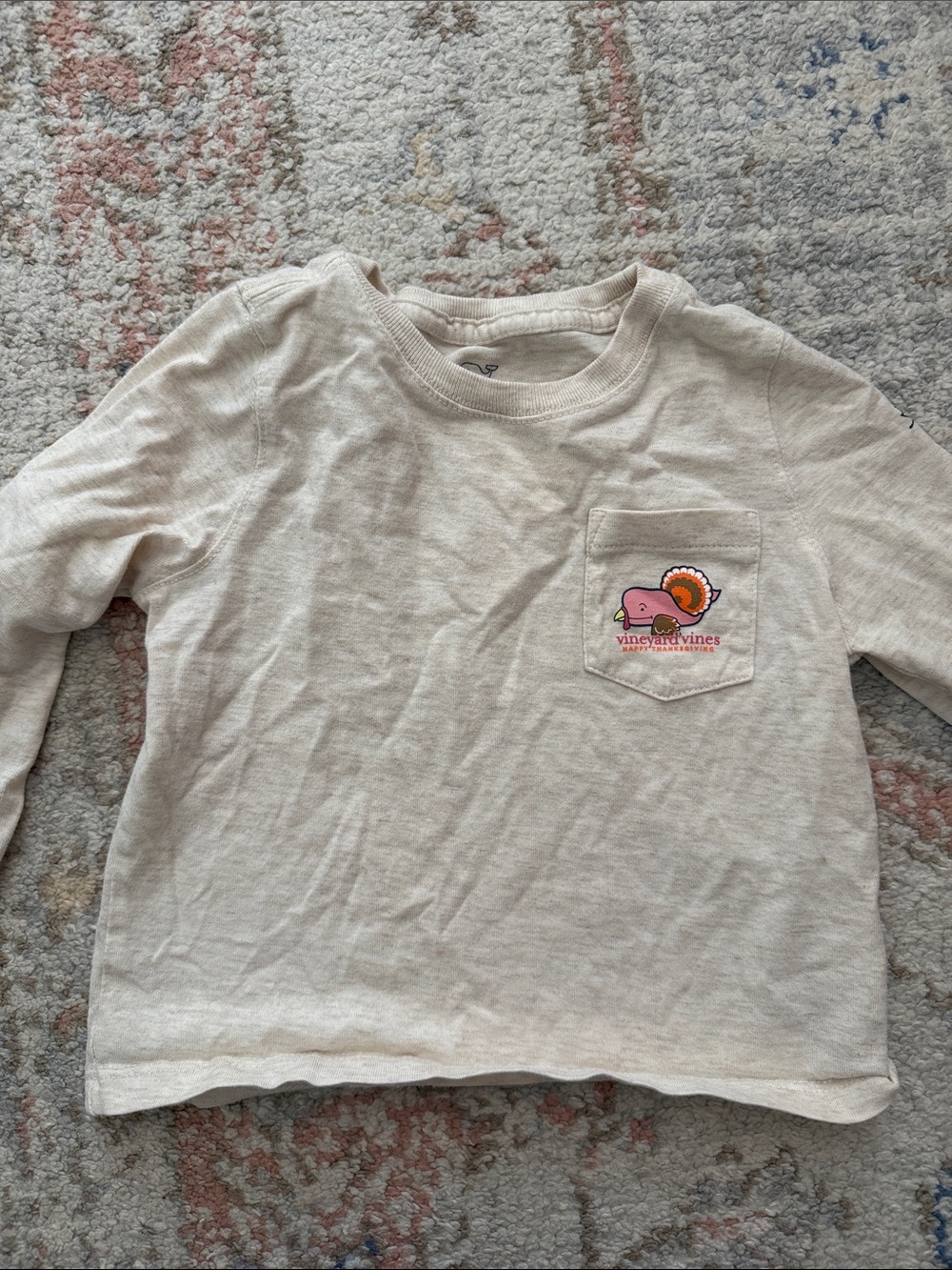 Vineyard Vines Kids Long-Sleeve Pocket Tee in Light Beige with Turkey Patch